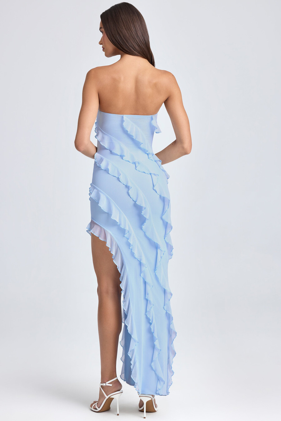 maxi-jurk met bandeau-effect en ruches in poederblauw.
