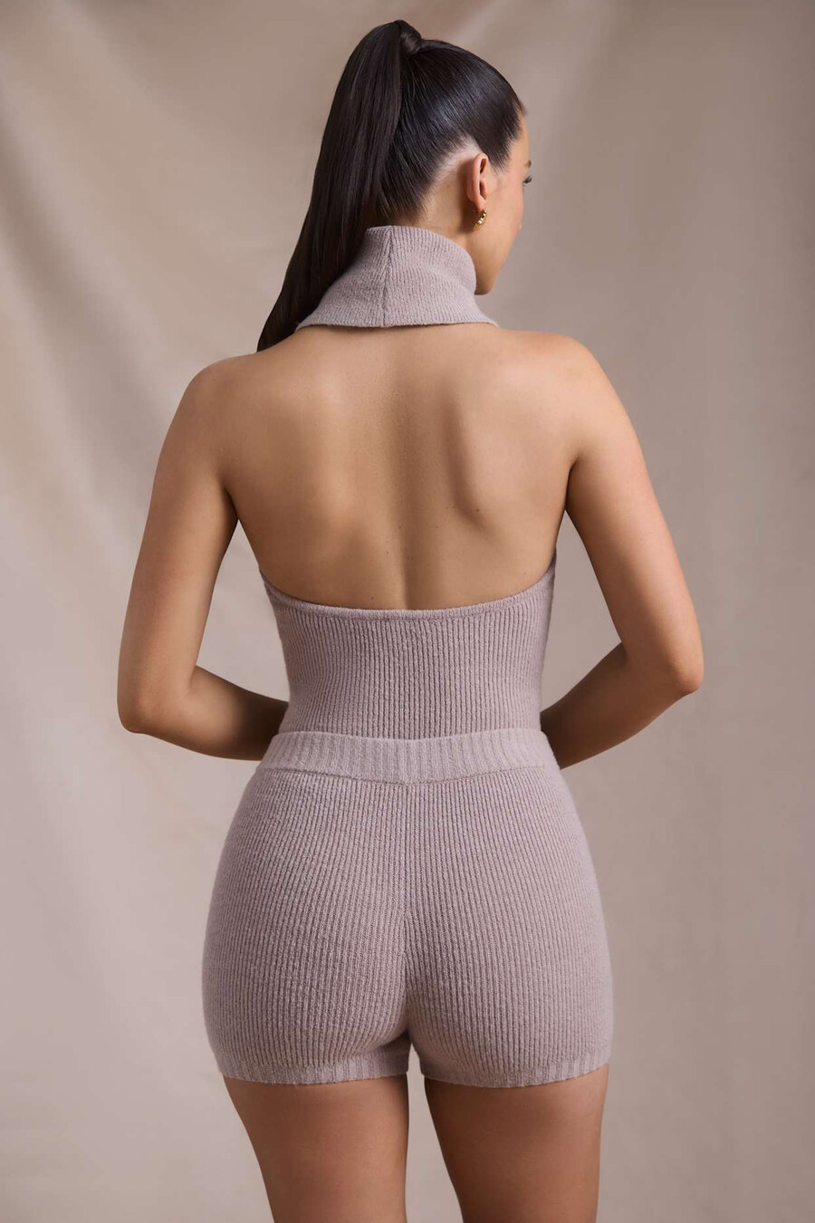 geribbelde gebreide shorts in taupe