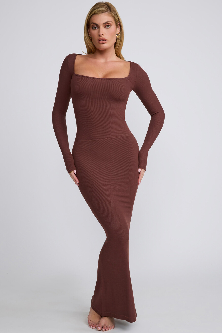 geribbelde modal maxi-rok met middelhoge taille in chocoladebruin