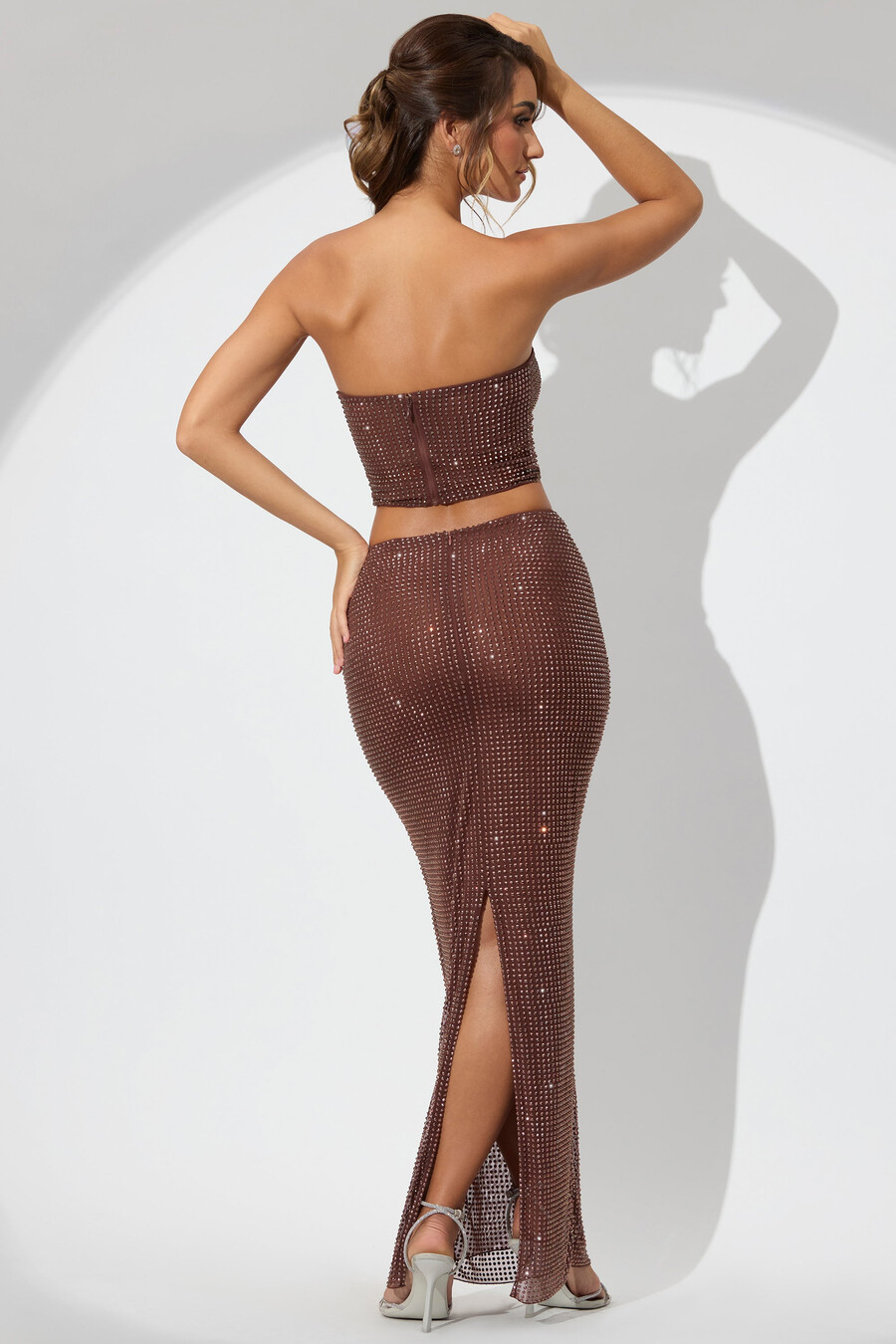 versierde maxi-rok met middelhoge taille in espresso