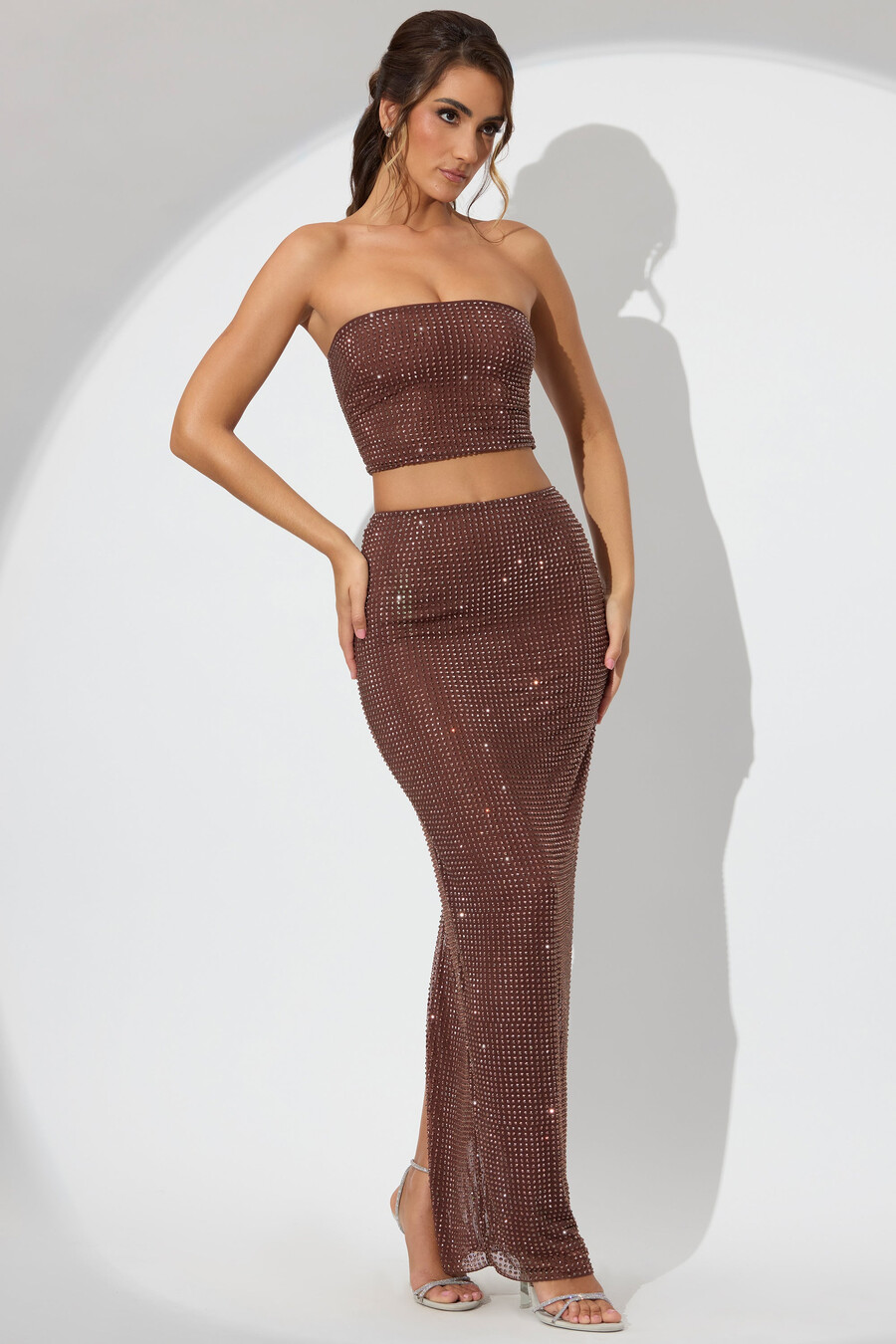 versierde maxi-rok met middelhoge taille in espresso