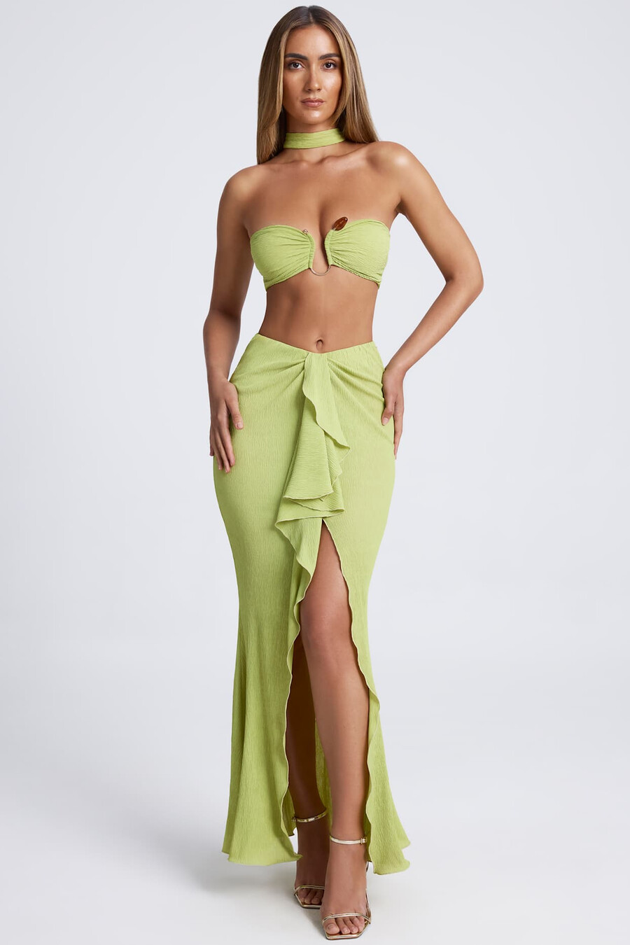 maxi-rok met ruches in olijfgroen