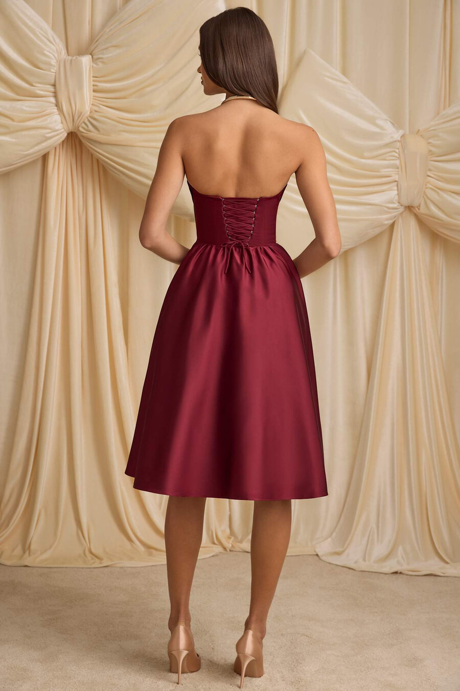 strapless korset midi-jurk in wijnrood
