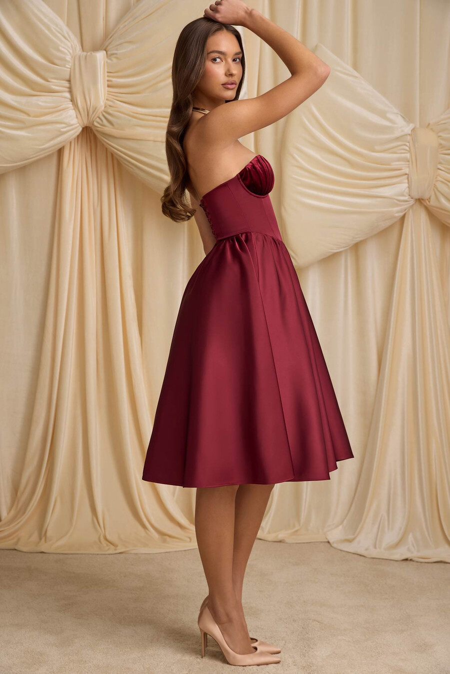 strapless korset midi-jurk in wijnrood