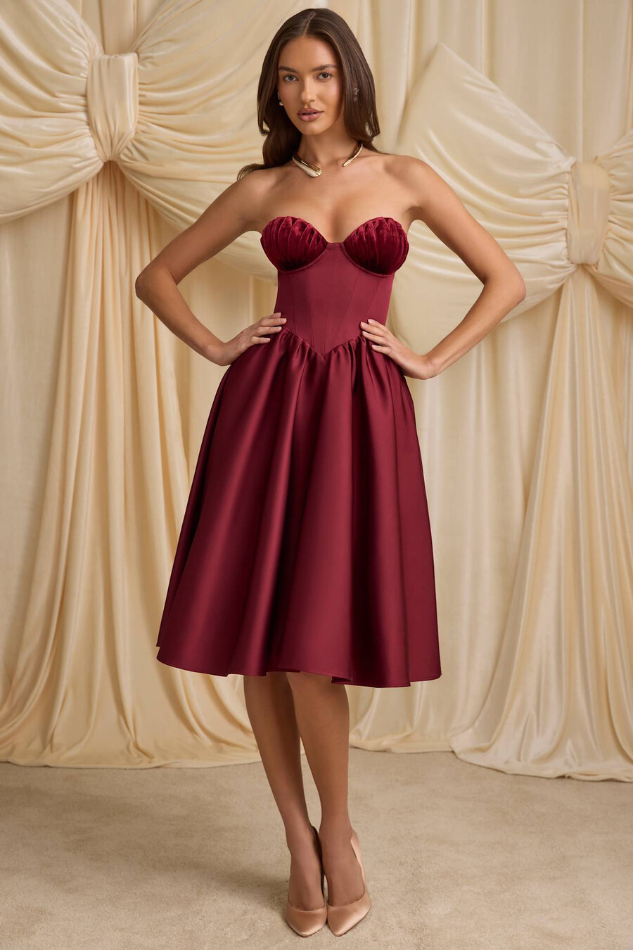strapless korset midi-jurk in wijnrood