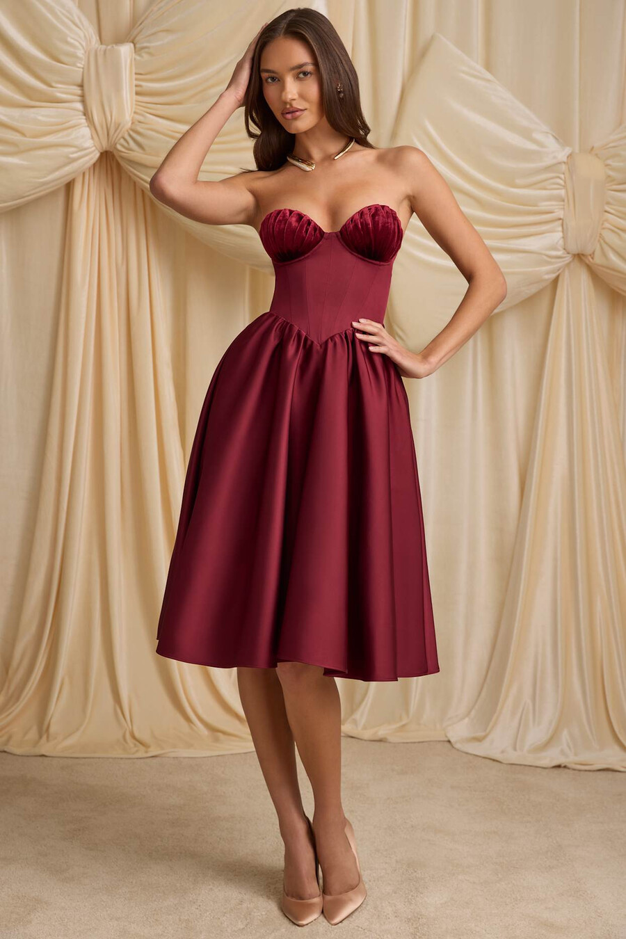 strapless korset midi-jurk in wijnrood