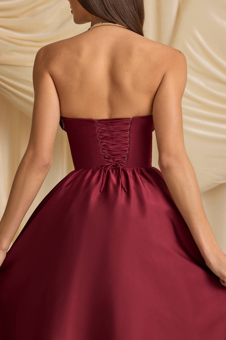 strapless korset midi-jurk in wijnrood