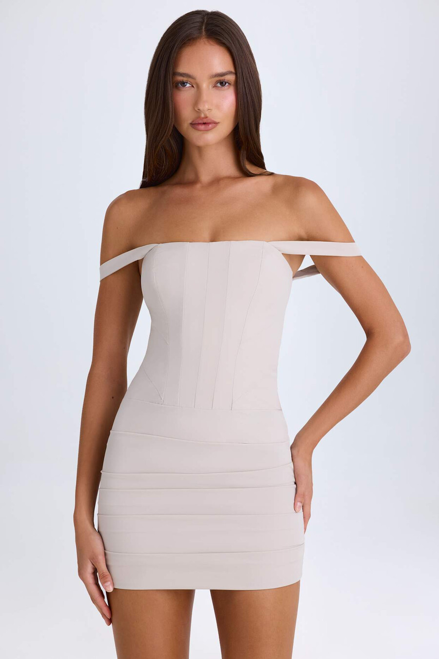 off-shoulder korset mini-jurk in taupe
