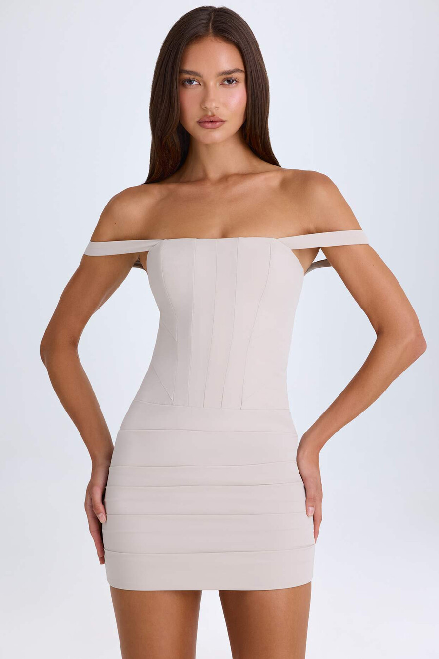 off-shoulder korset mini-jurk in taupe
