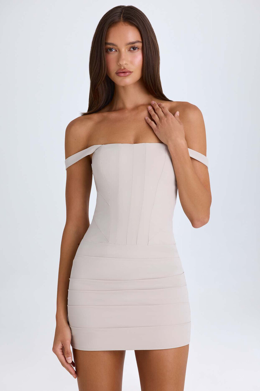off-shoulder korset mini-jurk in taupe
