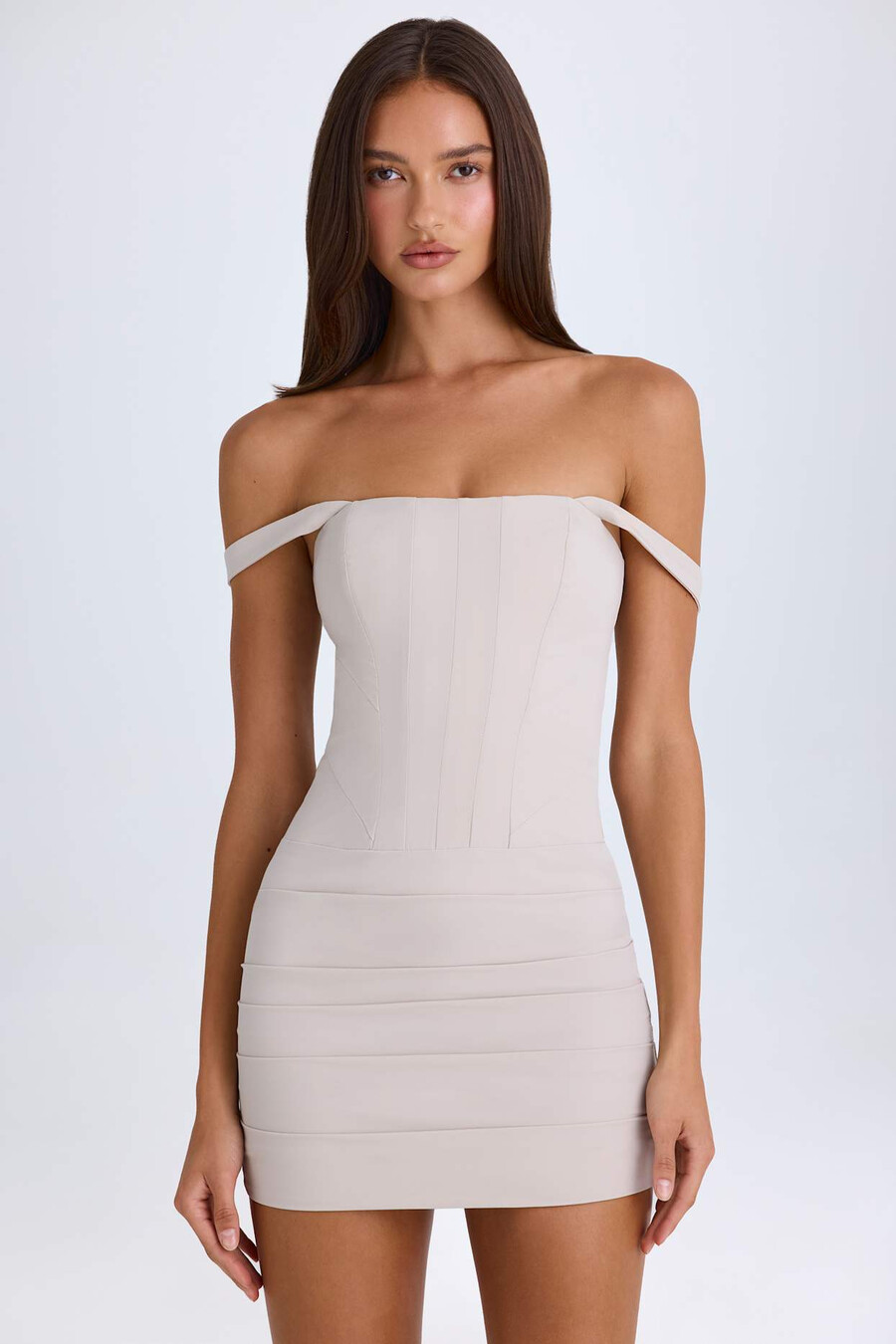 off-shoulder korset mini-jurk in taupe