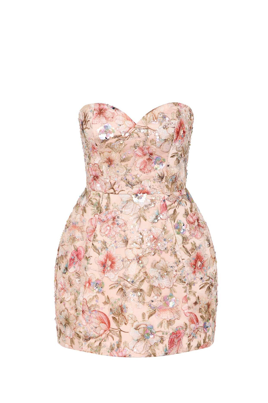 versierde strapless a-lijn mini-jurk in beige met bloemenprint