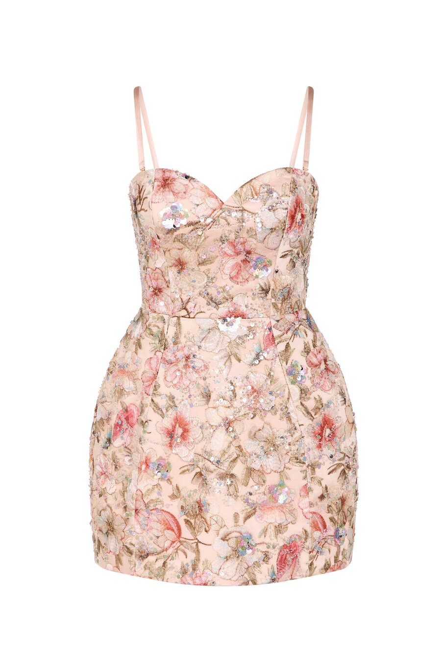 versierde strapless a-lijn mini-jurk in beige met bloemenprint