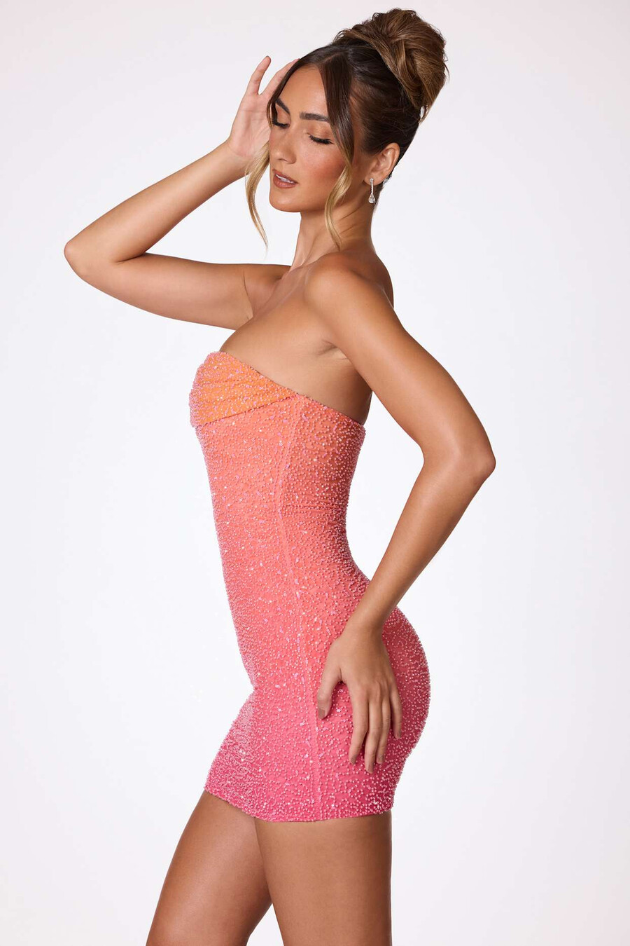 versierde strapless minijurk in rood en oranje ombré