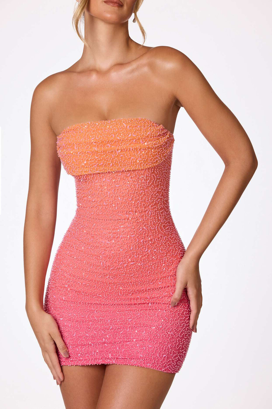 versierde strapless minijurk in rood en oranje ombré