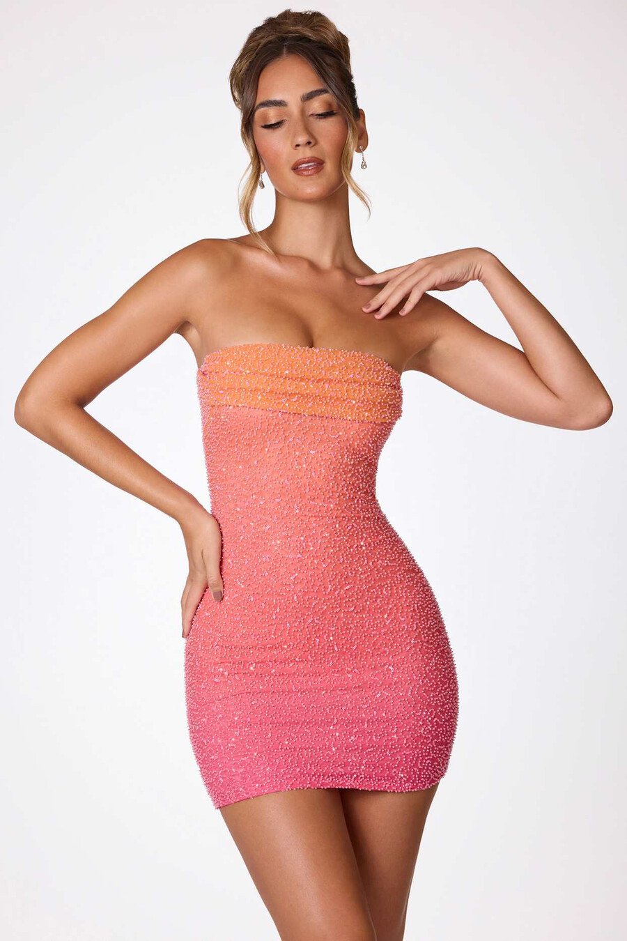 versierde strapless minijurk in rood en oranje ombré