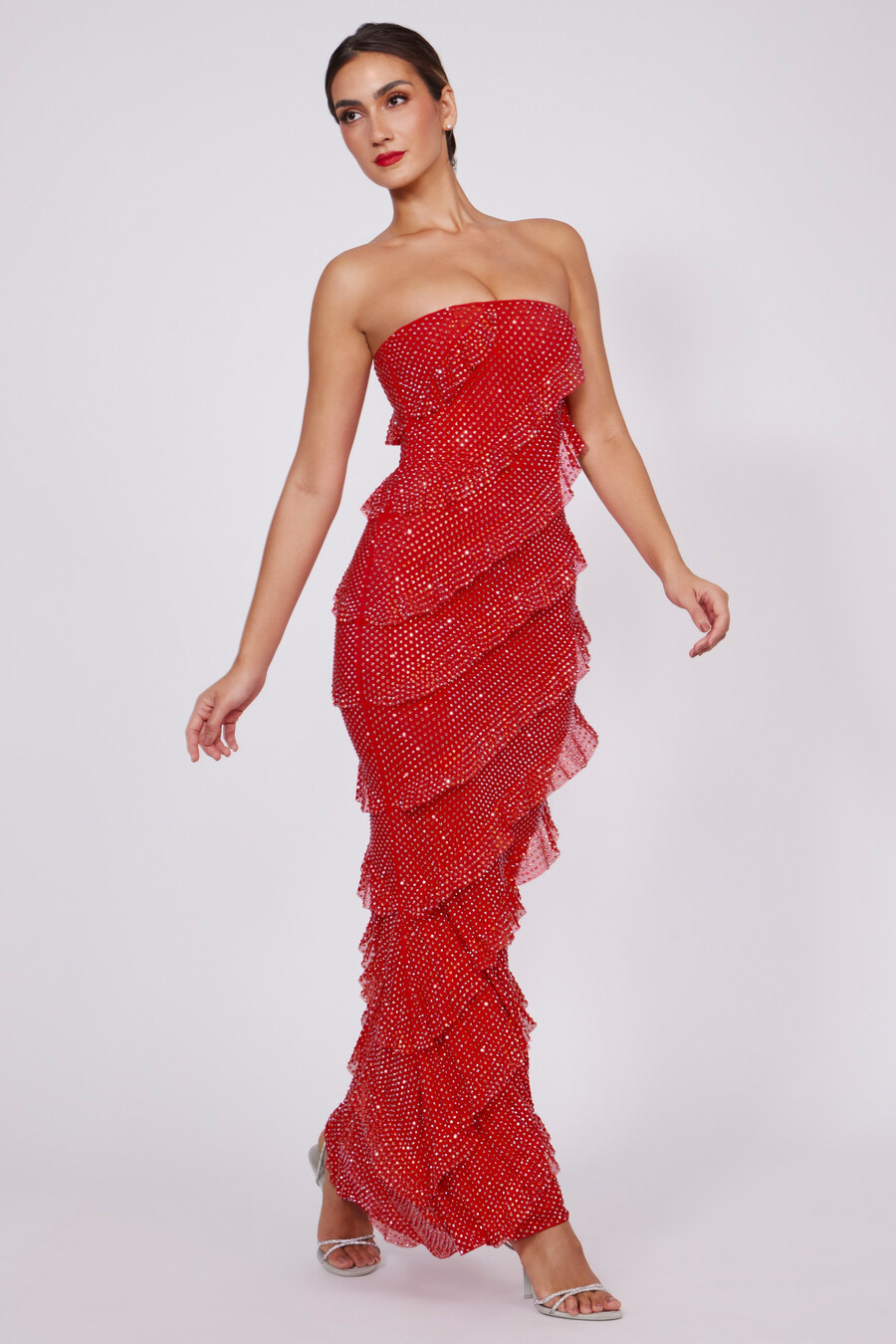 versierde strapless maxi-jurk met ruches in vuurrood