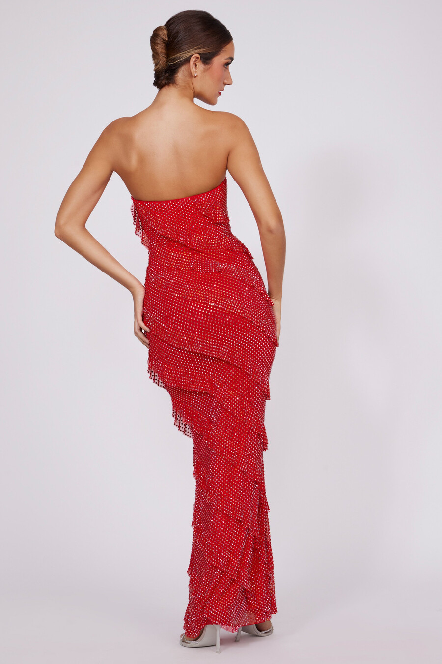 versierde strapless maxi-jurk met ruches in vuurrood