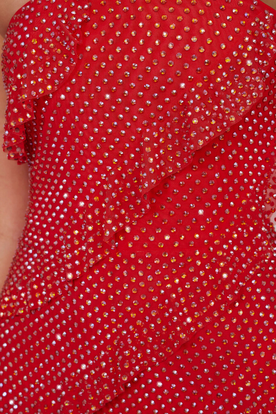 versierde strapless maxi-jurk met ruches in vuurrood