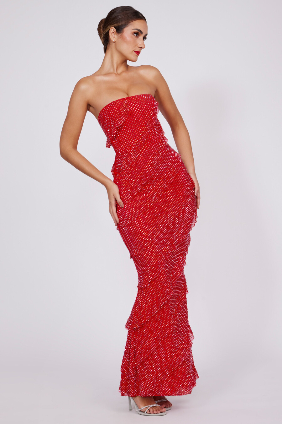 versierde strapless maxi-jurk met ruches in vuurrood