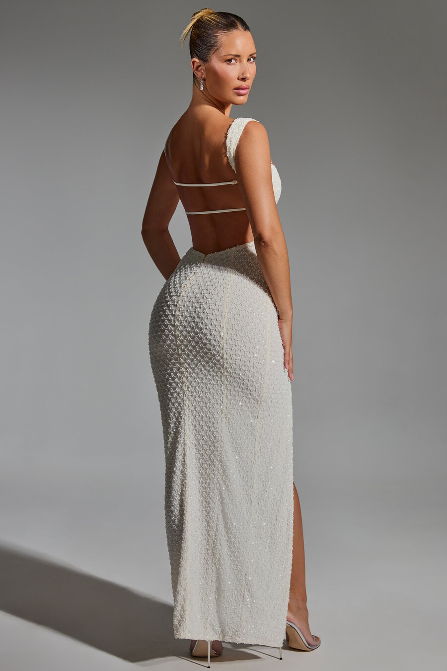 versierde maxi-jurk met open rug in wit