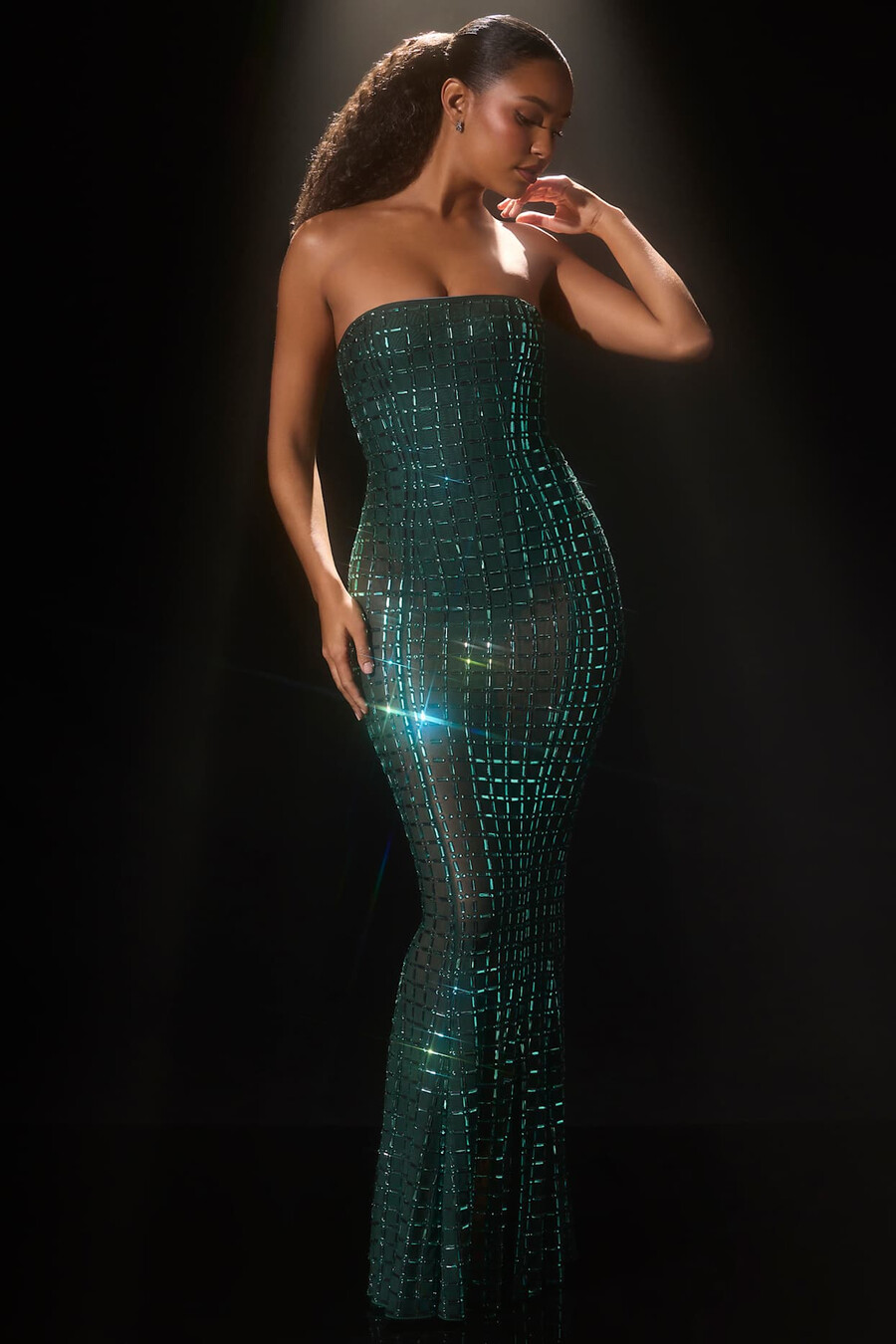 versierde strapless jurk in smaragdgroen
