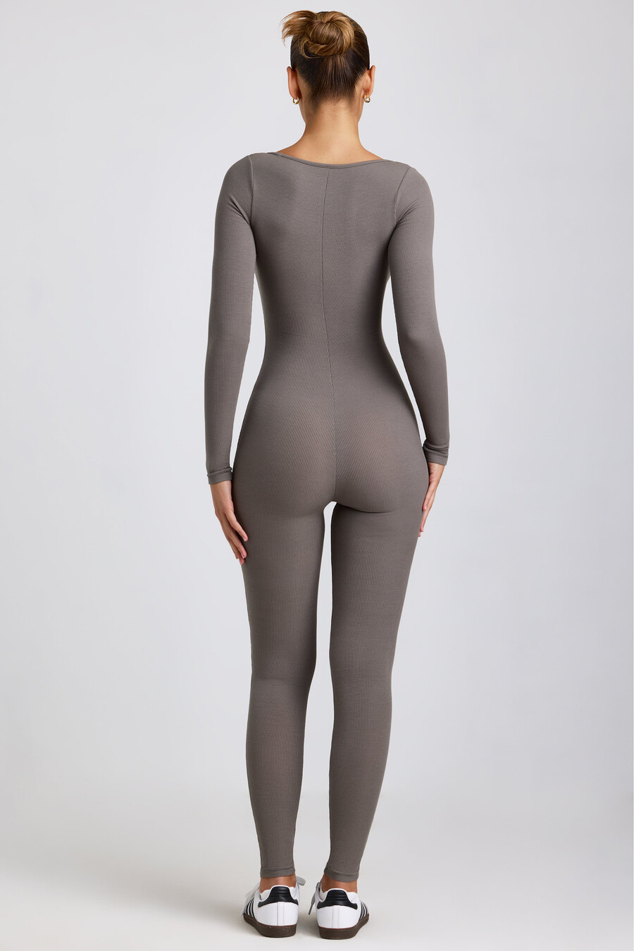 geribbelde modal jumpsuit met lange mouwen in grijs