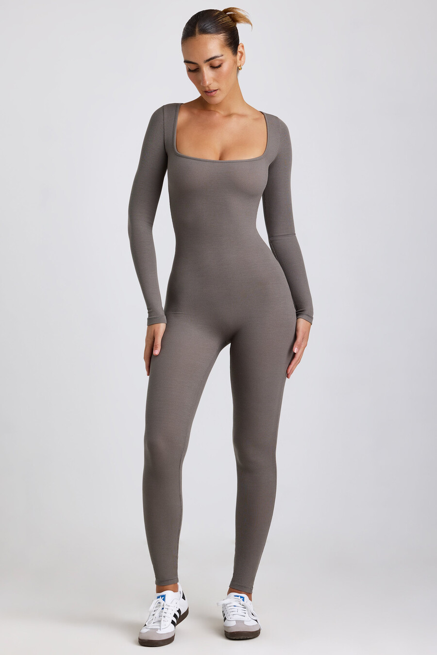 geribbelde modal jumpsuit met lange mouwen in grijs