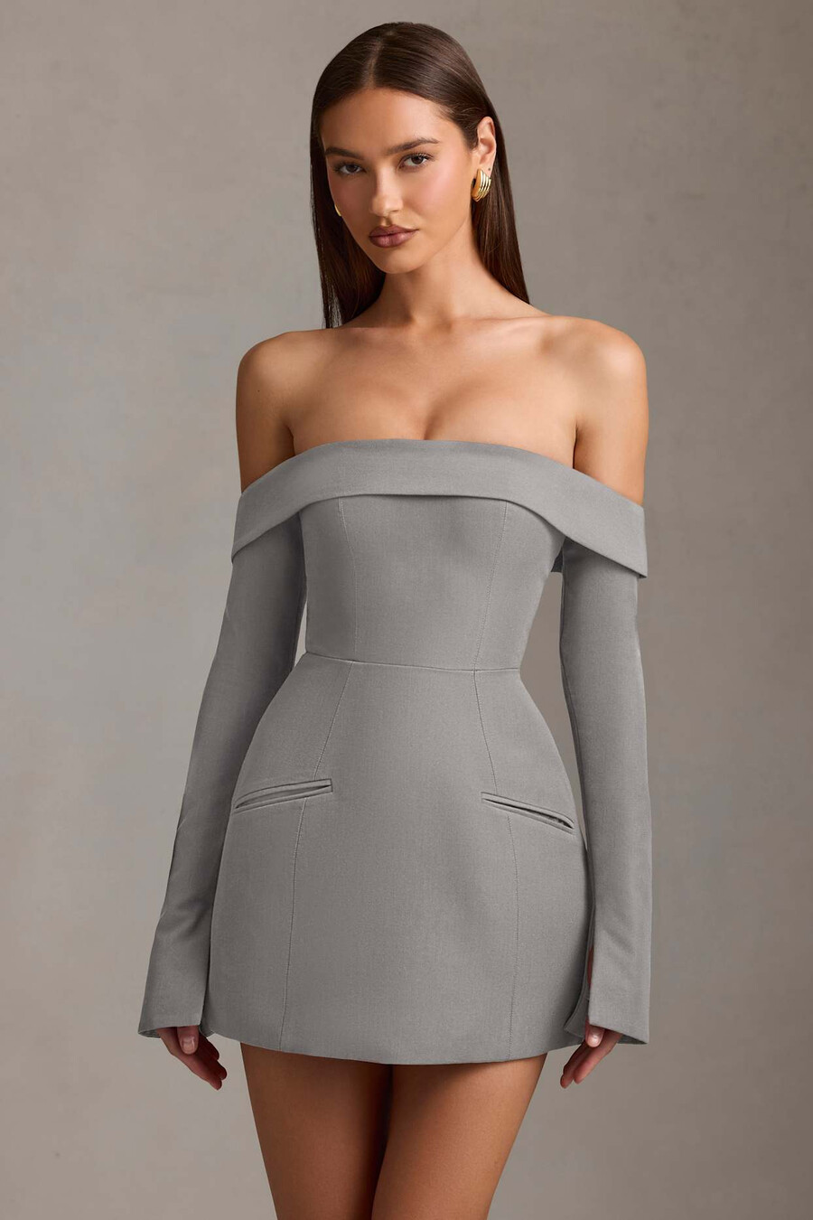 off-shoulder gestructureerde a-lijn mini-jurk in grijs