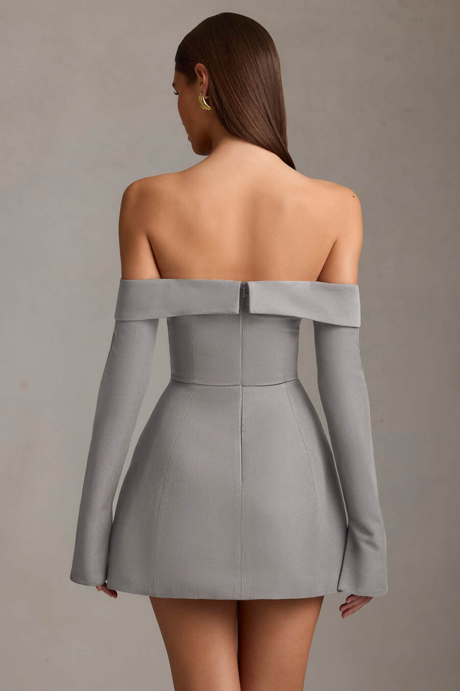 off-shoulder gestructureerde a-lijn mini-jurk in grijs