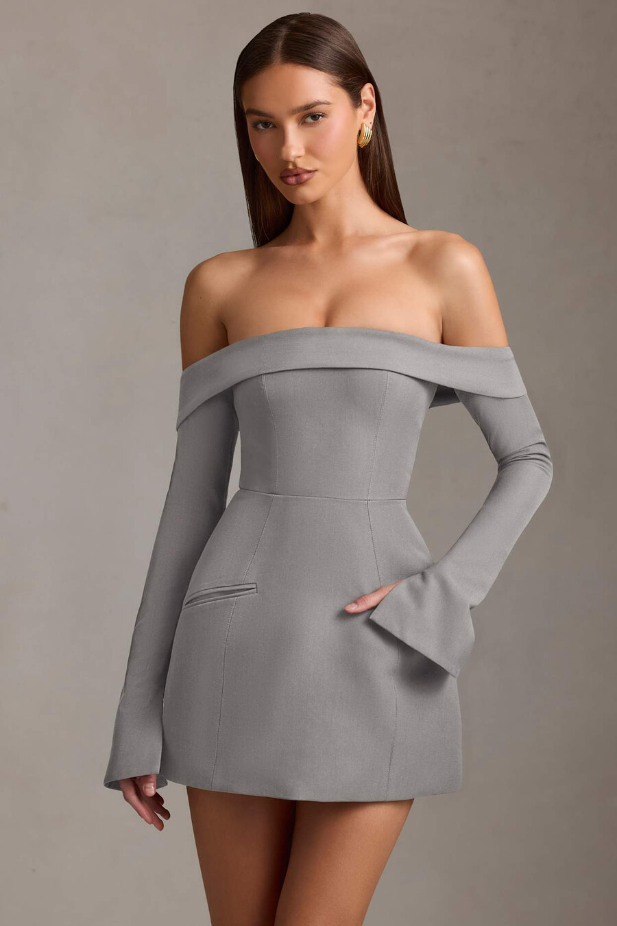 off-shoulder gestructureerde a-lijn mini-jurk in grijs