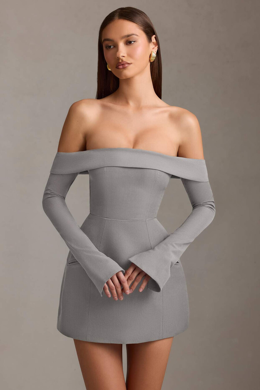 off-shoulder gestructureerde a-lijn mini-jurk in grijs