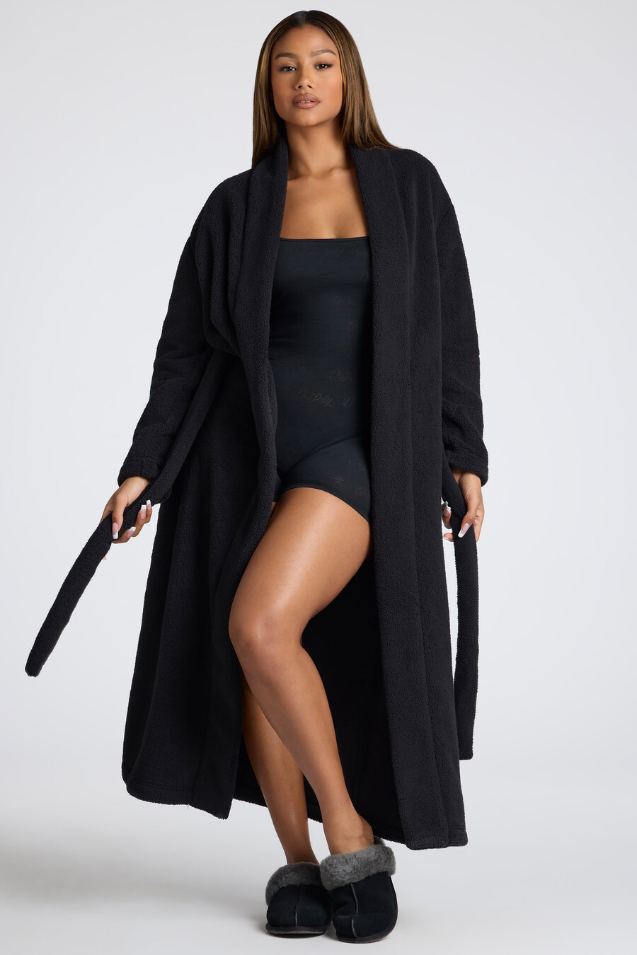 fleece badjas met strik aan de voorkant in zwart