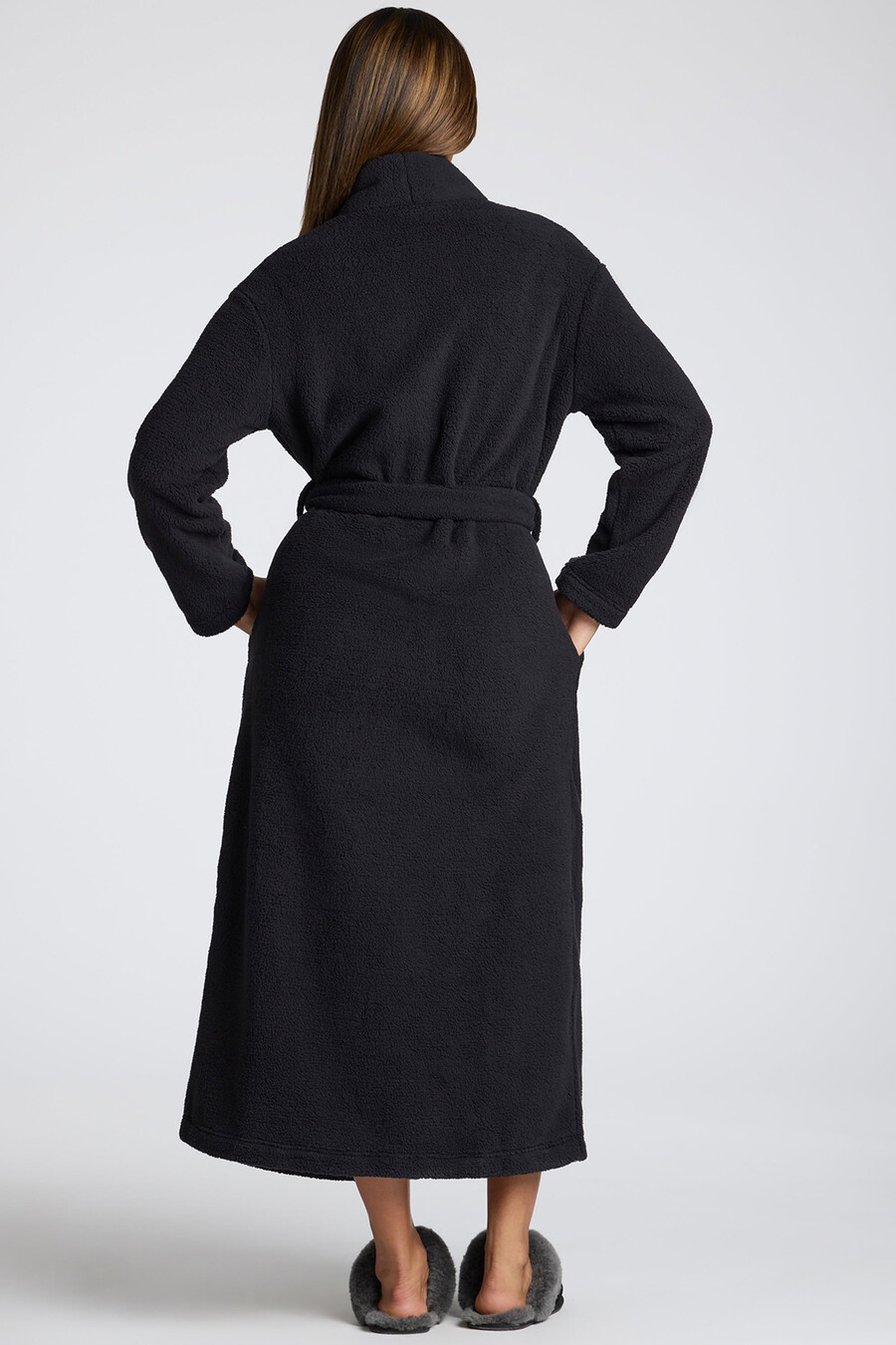 fleece badjas met strik aan de voorkant in zwart