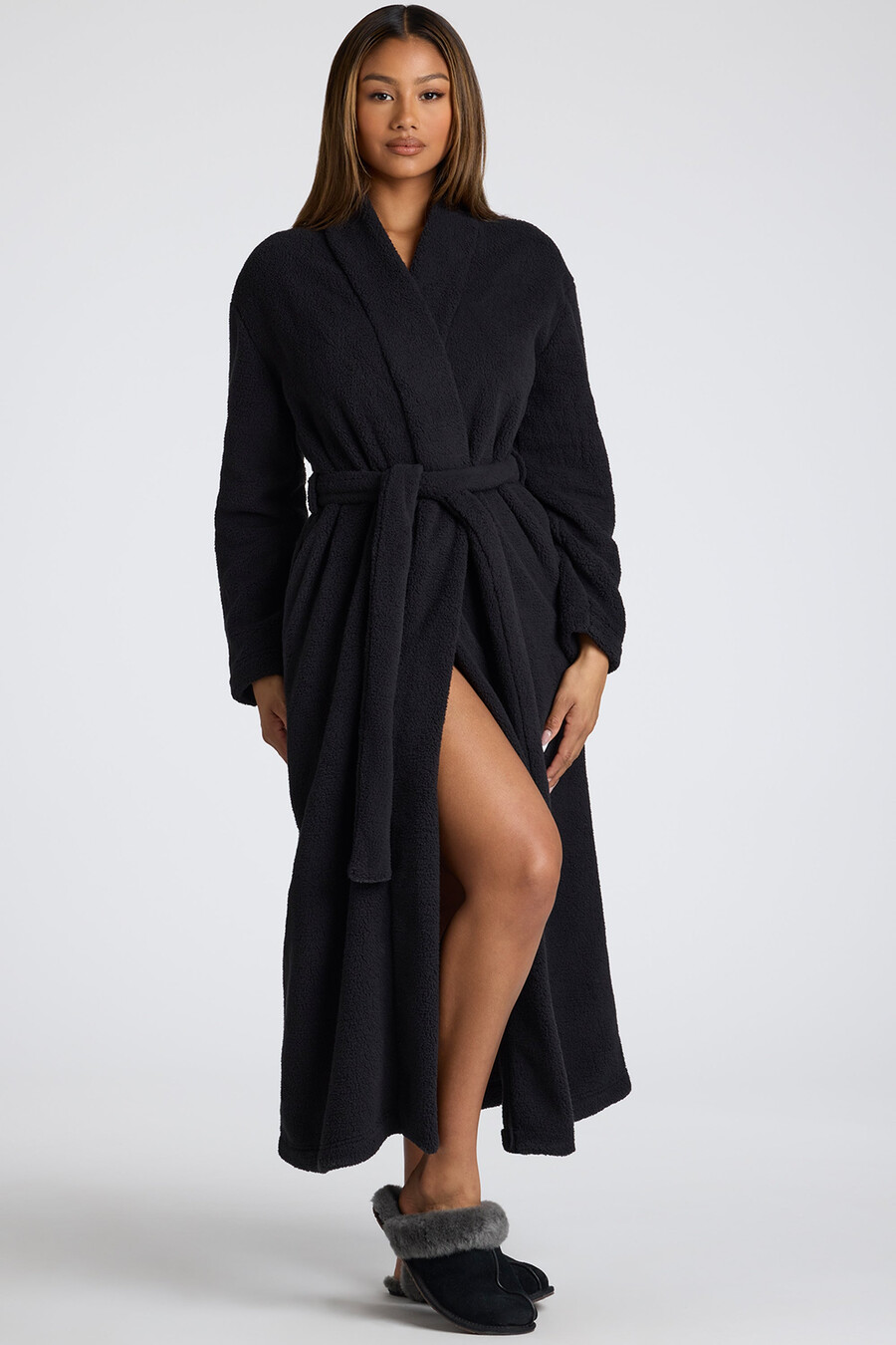 fleece badjas met strik aan de voorkant in zwart