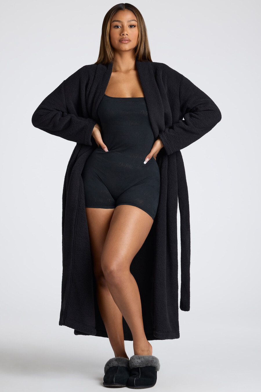 fleece badjas met strik aan de voorkant in zwart