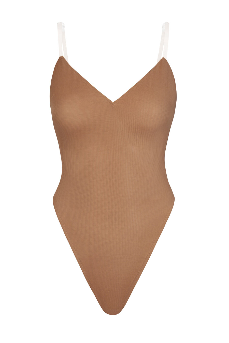 zachte mesh bodysuit met v-hals in honingkleur