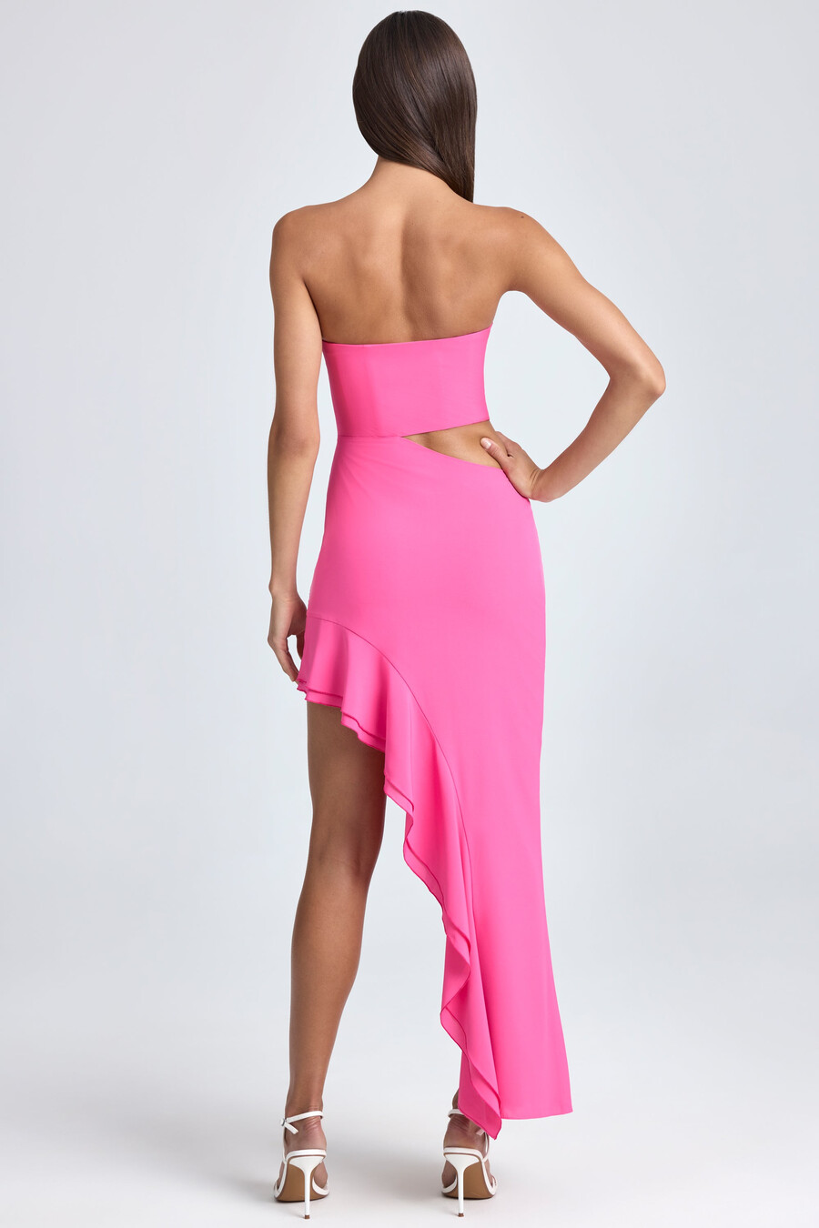 bandeau maxi-jurk met uitsnijdingen en ruches in lollyroze