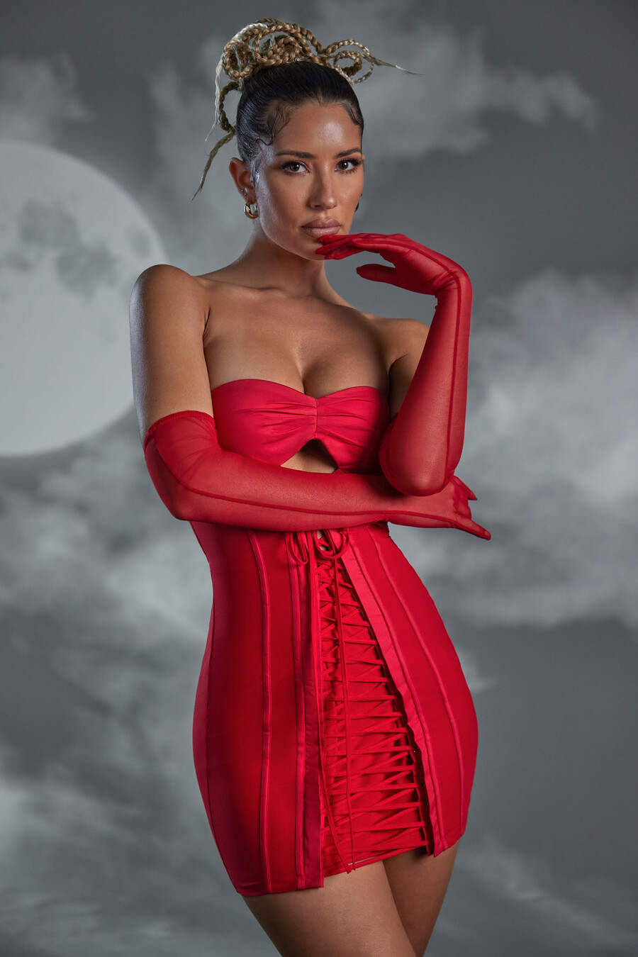 bandeau mini-jurk met vetersluiting in rood