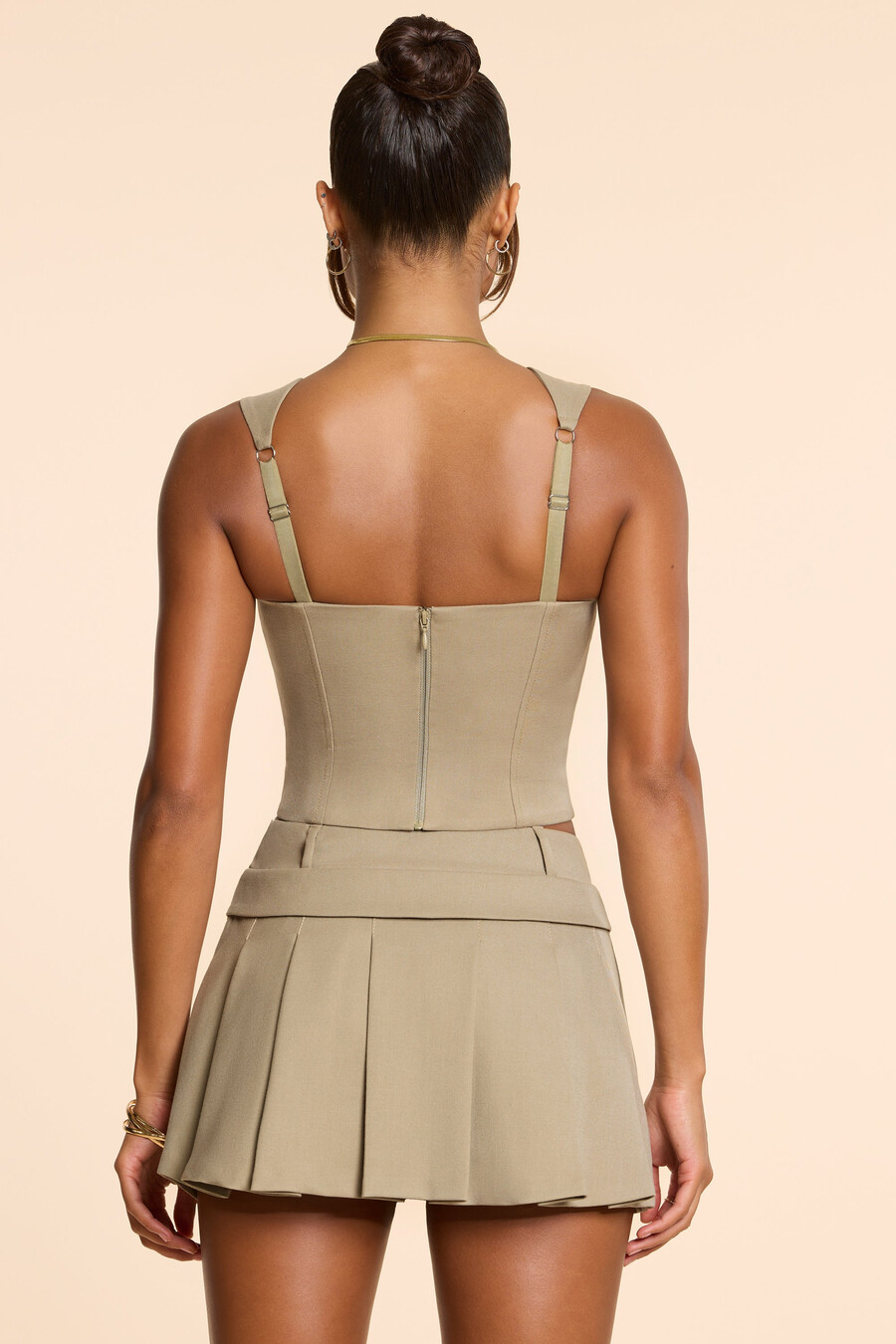 geplooide micro-minirok van geborstelde twill met middelhoge taille in taupe