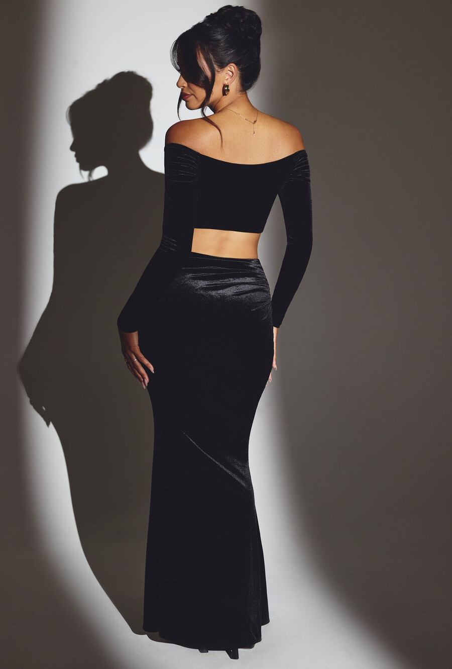 fluwelen maxi-rok met middelhoge taille in gitzwart