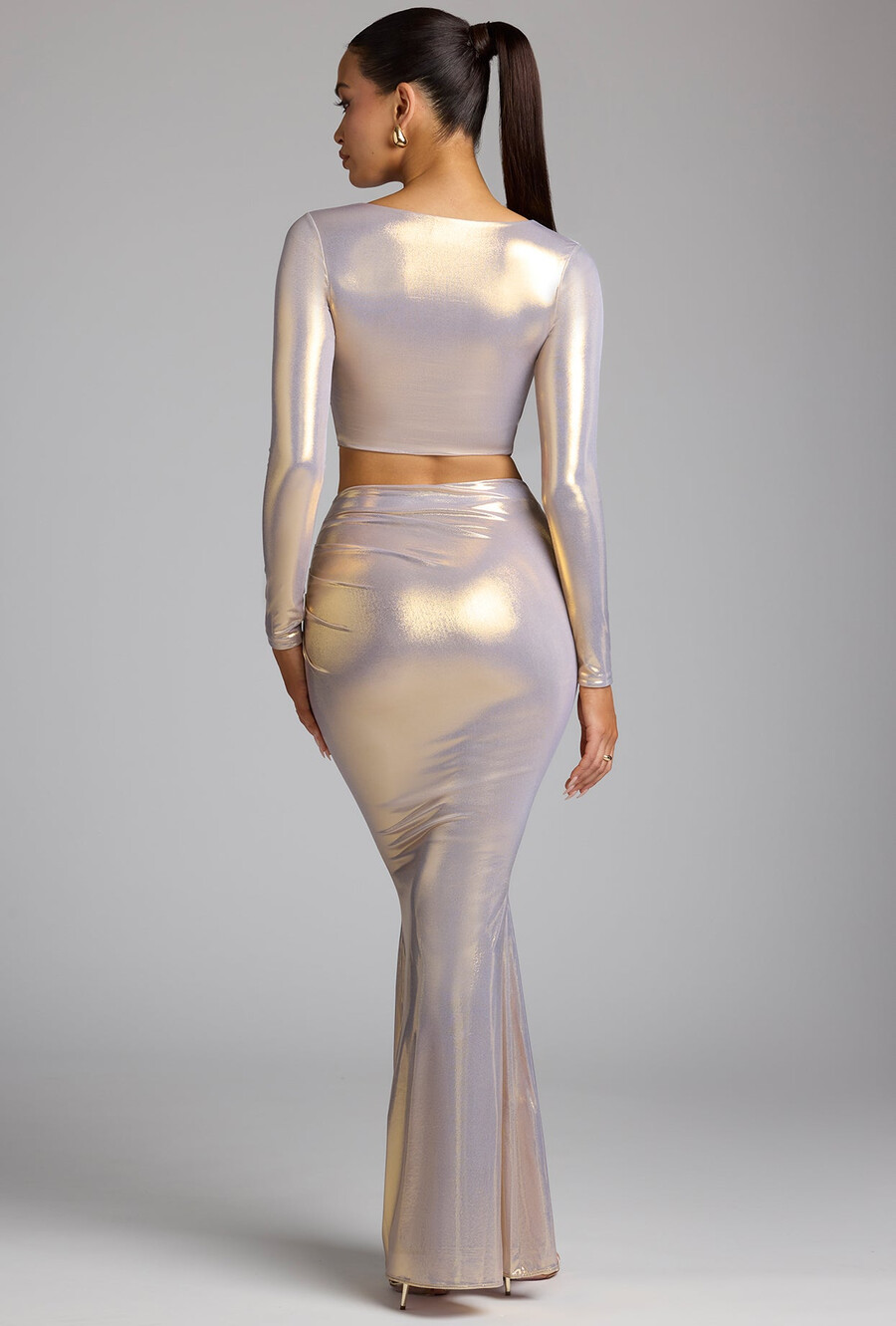 mid-rise metallic jersey jurkrok in lichtgoud