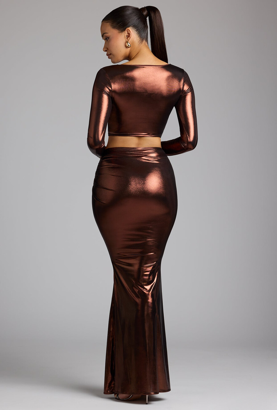 mid-rise metallic jersey jurkrok in koperbrons