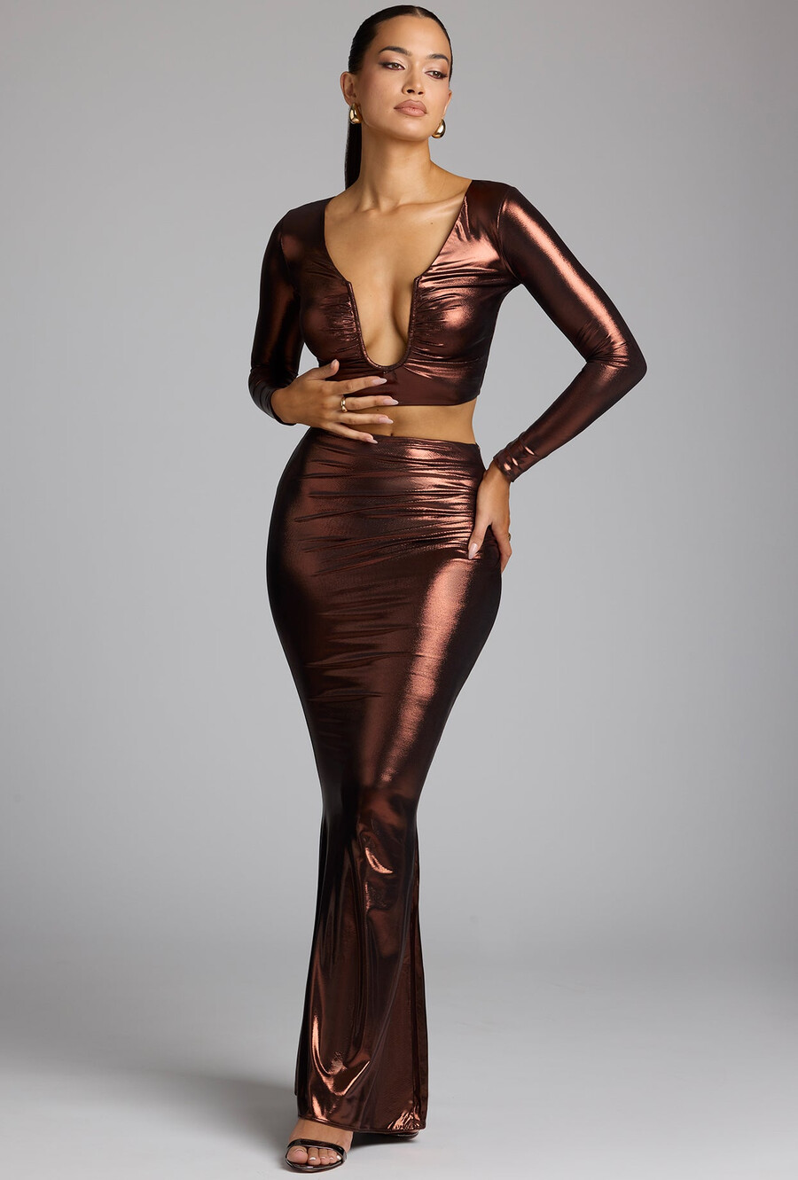 mid-rise metallic jersey jurkrok in koperbrons