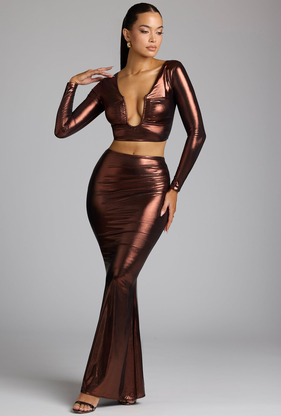 mid-rise metallic jersey jurkrok in koperbrons
