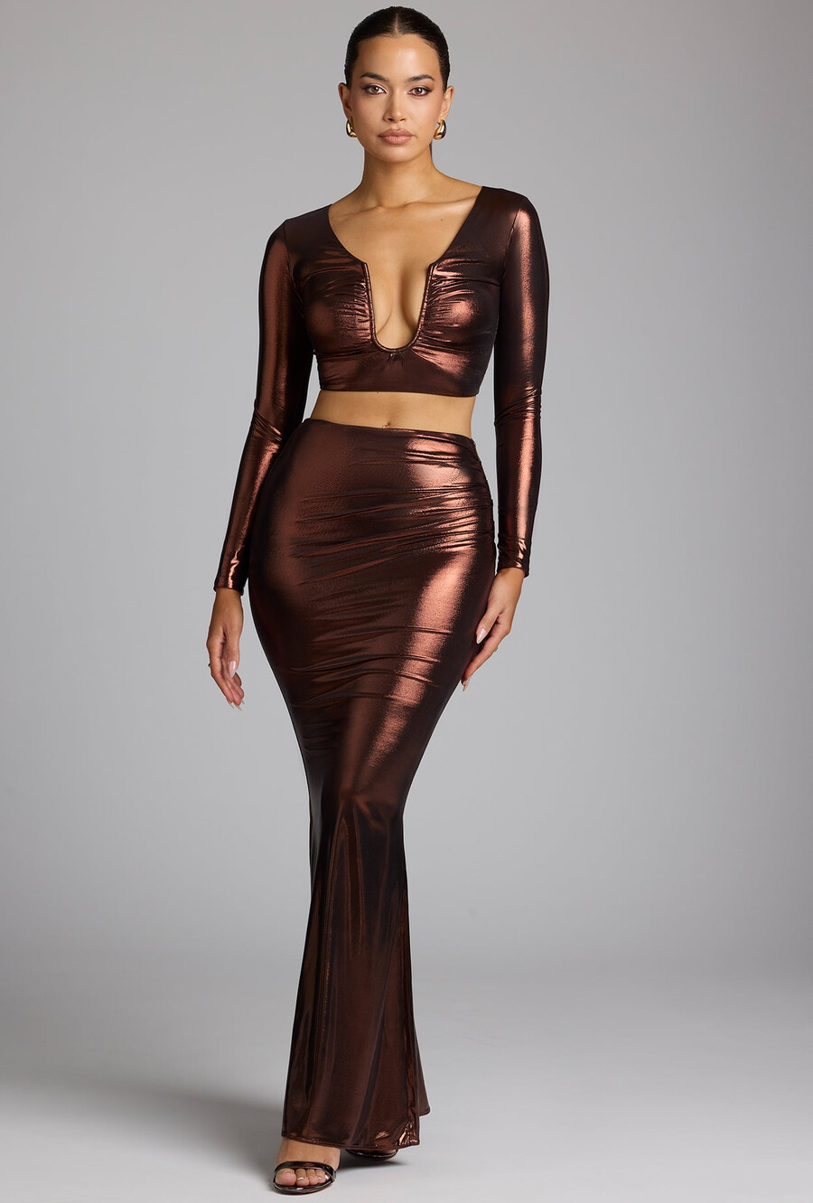 mid-rise metallic jersey jurkrok in koperbrons