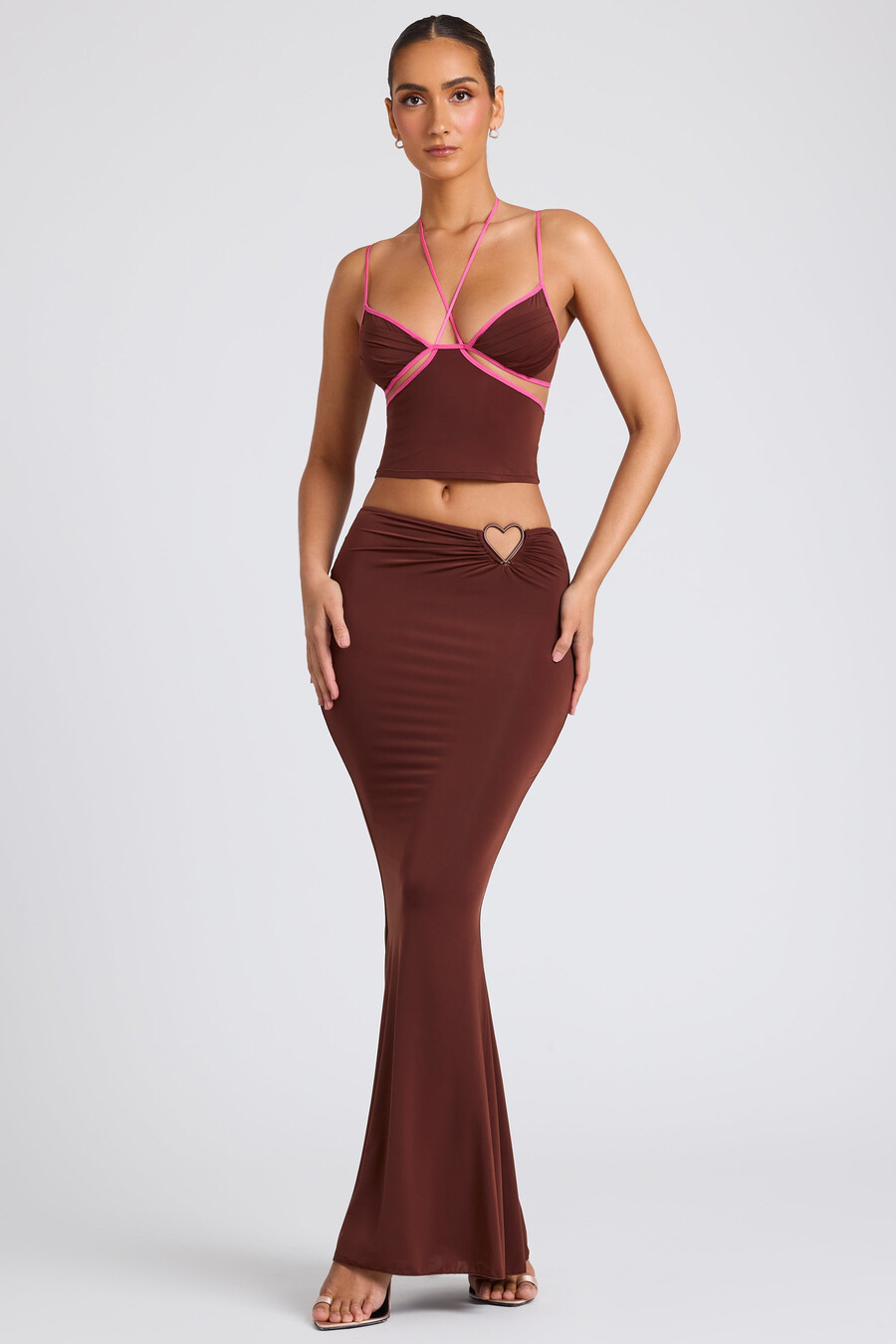 maxi rok met middelhoge taille in chocoladebruin