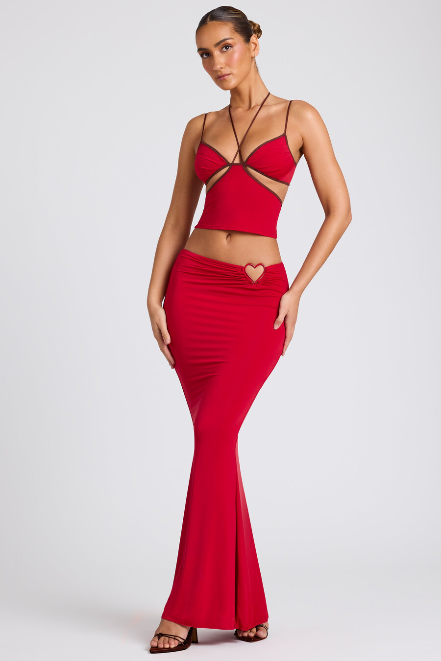 maxi rok met middelhoge taille in vuurrood