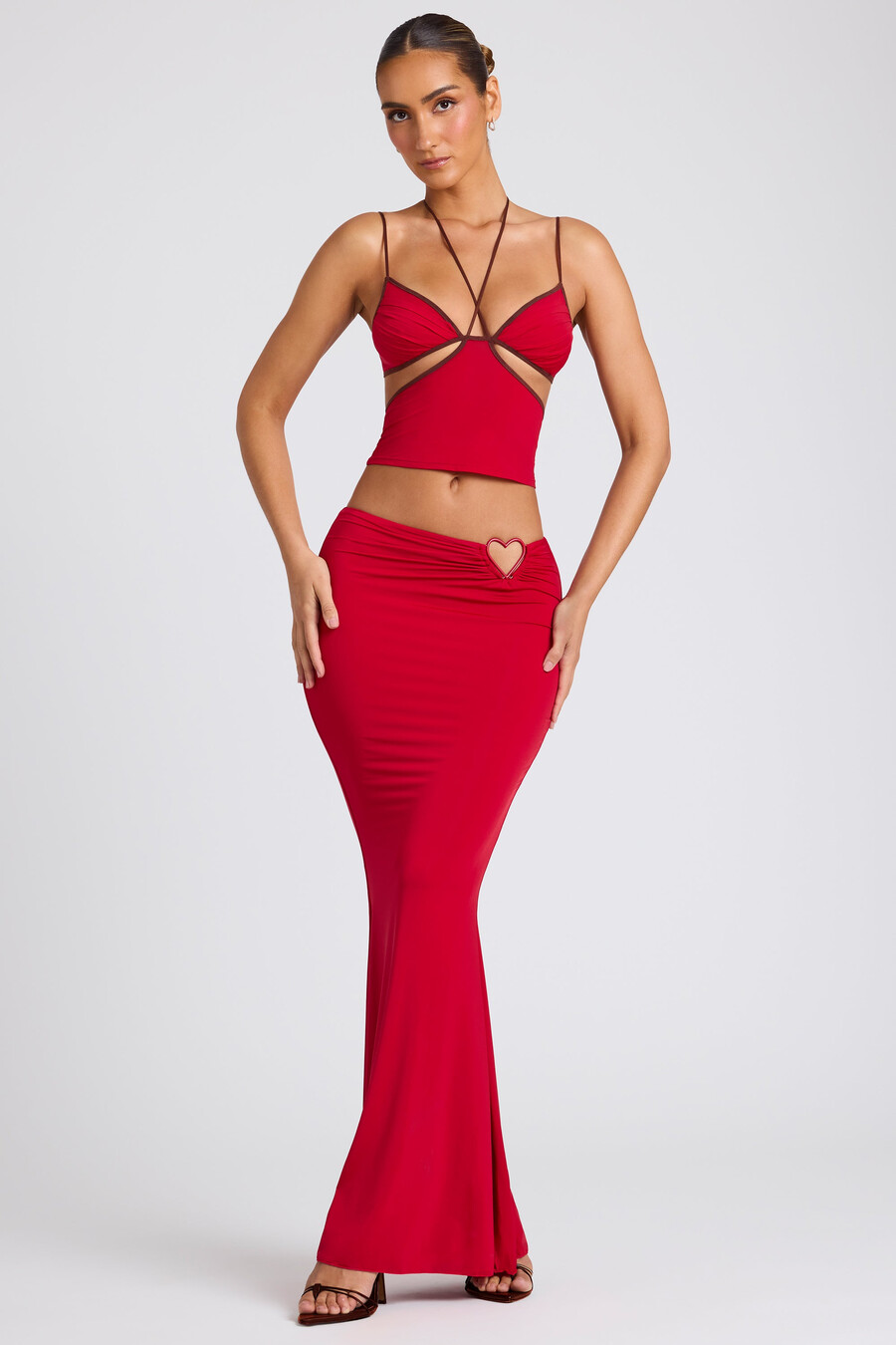 maxi rok met middelhoge taille in vuurrood
