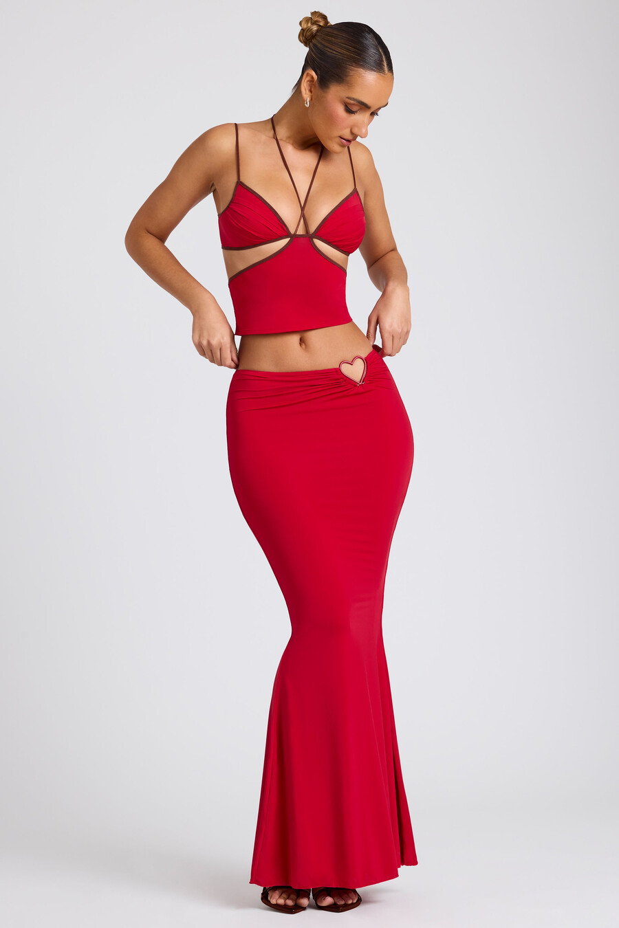 maxi rok met middelhoge taille in vuurrood
